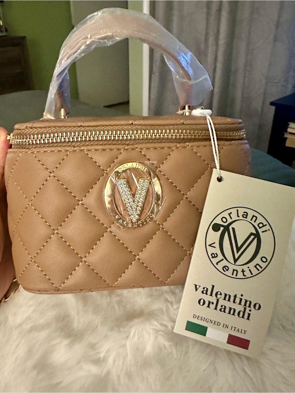 New Valentino Orlandi Quilted Crossbody Bag in Tan with Gold Hardware